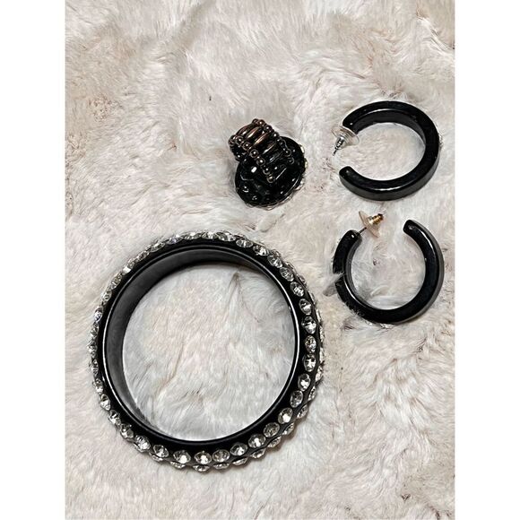 Bangle Set with Matching Ring and Hoop Earrings Black with Clear rhinestones - Picture 3 of 3